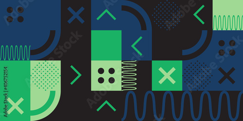 Trendy vector geometric illustration. Background or pattern painted in cubic forms and decorated with lines and different colors. Simple shapes, fresh wave, deep black, and green colors.