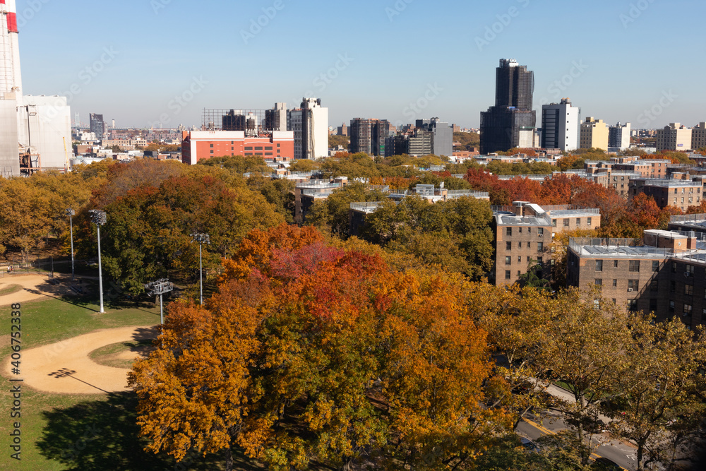 Colorful Trees at Queensbridge Park during Autumn with the Long Island City Queens New York Skyline