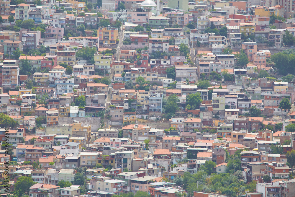 colorful houses of the slum on a hill.