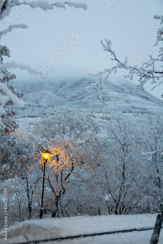 Beautiful view of the night winter city park. Lanterns by the road illuminate the path. Background for a greeting card. Top view of the snowy mountains in evening. Mashuk, Pyatigorsk. 