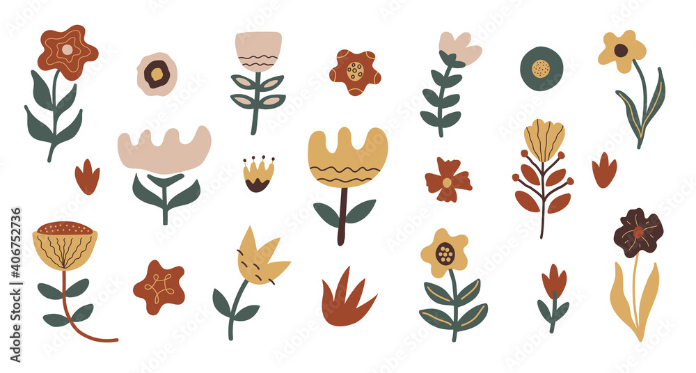Set of abstract hand drawn flowers and organic doodle shapes isolated on white background. Modern contemporary vector design