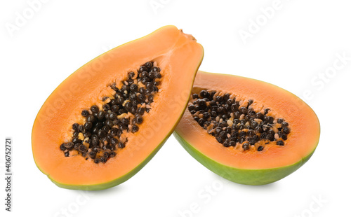 Fresh halved papaya fruit on white background