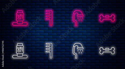 Set line Hair brush for dog and cat, Pet shower, Cat scratching post and Dog bone. Glowing neon icon on brick wall. Vector.