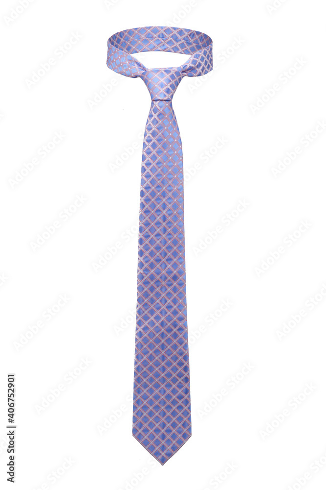 Subject shot of classic tie made of сornflower blue silk with pink plaid print. The elegant necktie with knot is isolated on the white background. Subject shot of classic tie made of сornflower blue silk with pink plaid print. The elegant necktie with knot is isolated on the white background.
