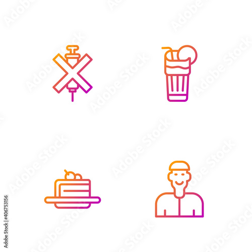 Set line Positive thinking, Cake, No doping syringe and Fresh smoothie. Gradient color icons. Vector.