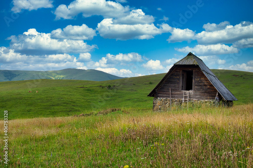 Amazing green field, pastures, mountain road and small farmer hut in the hills of Zlatibor resort in Western Serbia
