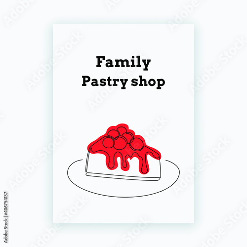 Minimalist poster with one line drawing of cheesecake with cherries. Hand drawn cake for logo, cafe and bakery concept. Vector design