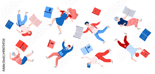 Inspired people floating with books. Happy characters flying and moving in imagination and dreams inspiration of love to reading literary. Vector colorful illustration.