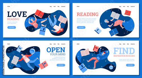 Books reading and education website banners set with people floating in the air among books, cartoon vector illustration. Web templates for online library and bookstore.