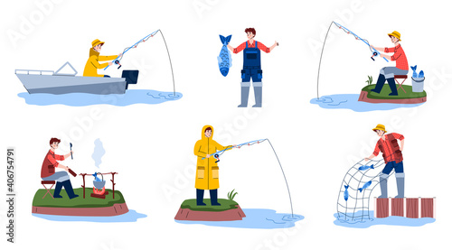 Set of scenes fishing. Fisherman on boat or off shore with fishing rod in water, happy fisher pulls net with catch out of river, man cook fish soup bonfire. Vector illustration.