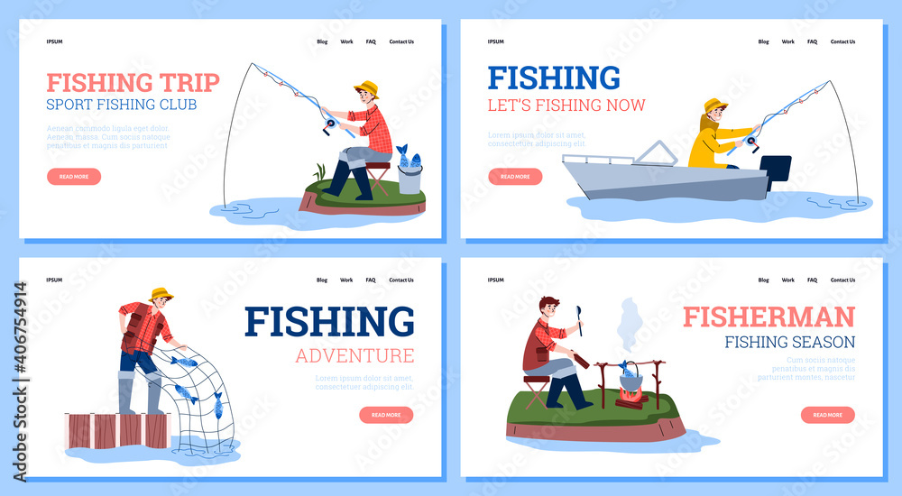 Advertise of fishing season, trip and adventure during catch fish, sport club for fisherman. Outdoor hobby, activity and leisure. Vector illustration. Landing page templates.