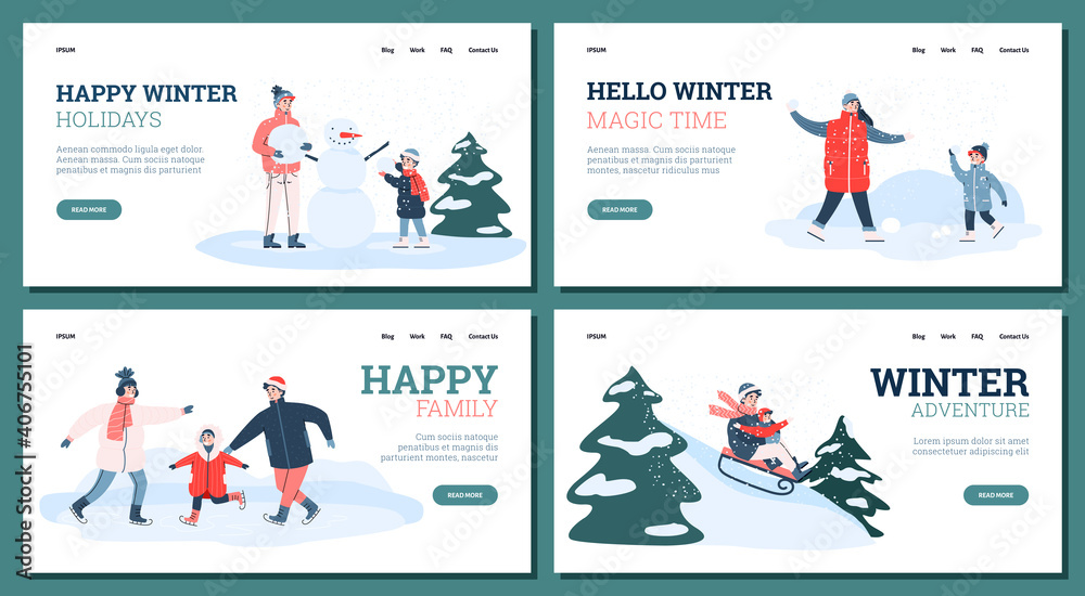 Landing pages templates with winter family fun outdoor activity in happy christmas holidays. People make a snowman, skate on ice rink and sledding. A set of vector illustrations.