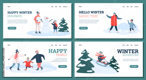 Landing pages templates with winter family fun outdoor activity in happy christmas holidays. People make a snowman, skate on ice rink and sledding. A set of vector illustrations.