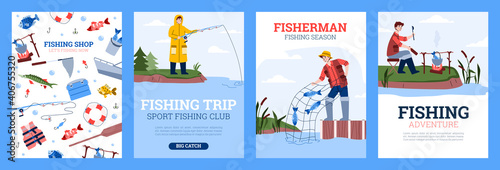 Fishing sport and hobby activity posters set with cartoon fishers, flat vector illustration. Colorful banners for social media with fishery scenes and symbols.