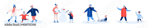 Family outdoors activity on leisure in happy winter holiday. Parents and children having fun together - make a snowman, skate on ice rink and sledding. Set of vector illustrations.
