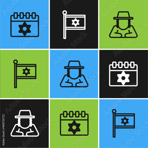 Set line Jewish calendar, Orthodox jewish hat and Flag of Israel icon. Vector.