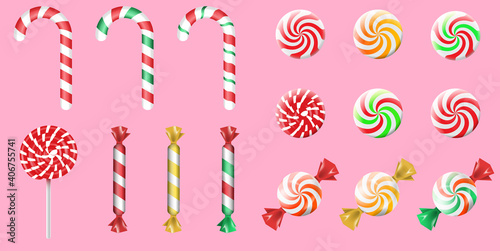 Sweet candies flat icons set. Candies, sweetmeats, lollipops and assorted chocolates colorful lollipops. Vector illustration EPS10