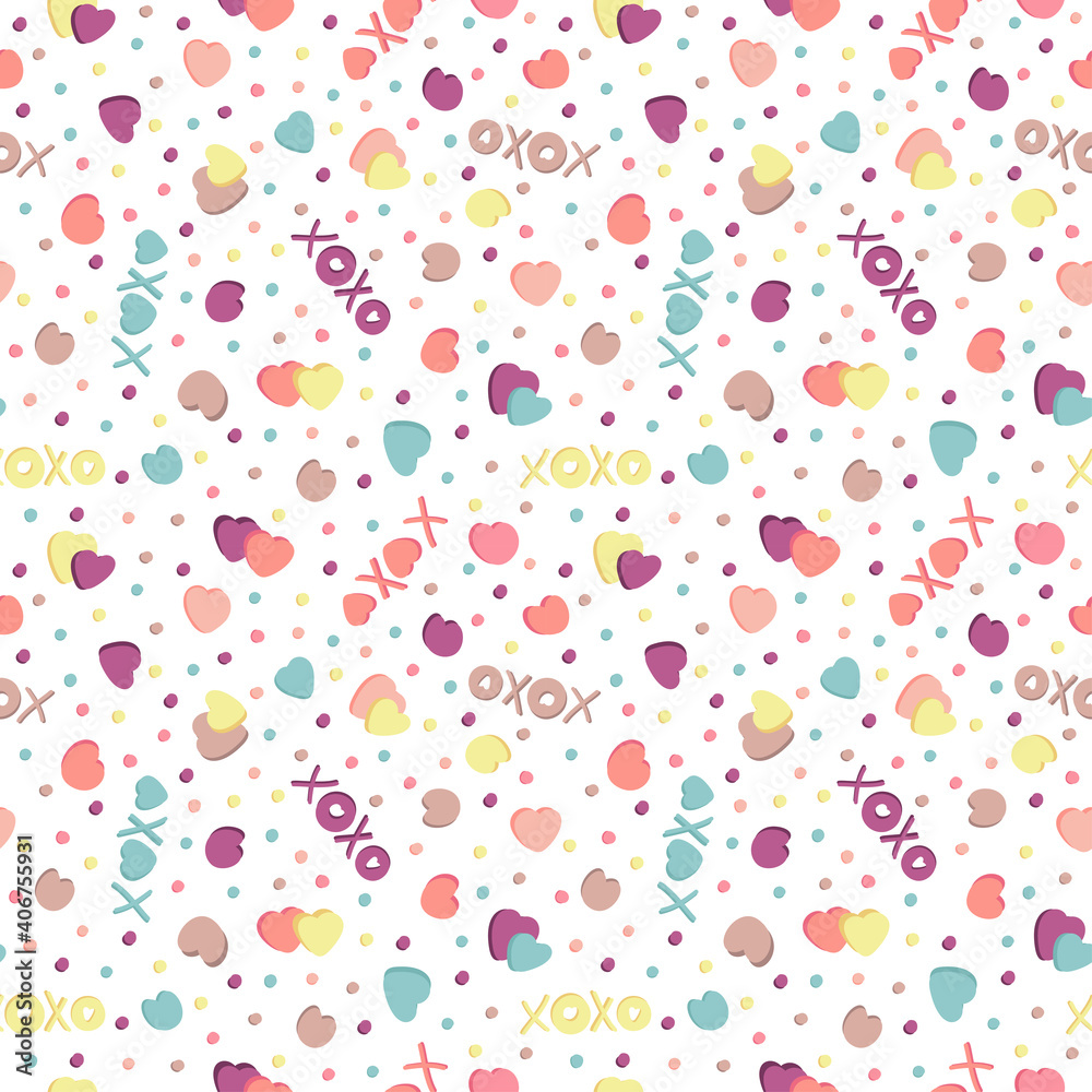 Heart pattern xoxo seamless hand drawn in trendy style on white background. Festive background. Vector illustration design. Vector illustration. Wallpaper wrapping paper textile print. Pastel colors.