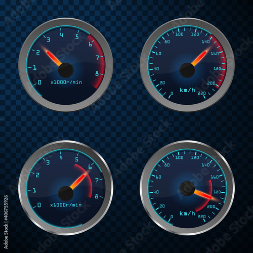 Car speedometer set of dashboard speed meters. Motorbike or motorcycle, auto or automobile, lorry speed measure gauge.
