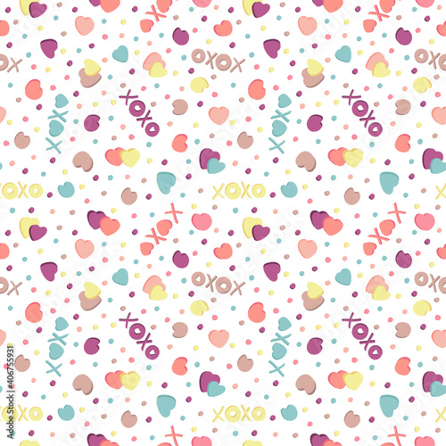 Heart pattern xoxo seamless hand drawn in trendy style on white background. Festive background. Vector illustration design. Vector illustration. Wallpaper wrapping paper textile print. Pastel colors.