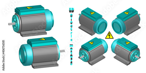 Set of 3D electric motors in six projections. Equipment is gray and cyan. EPS10