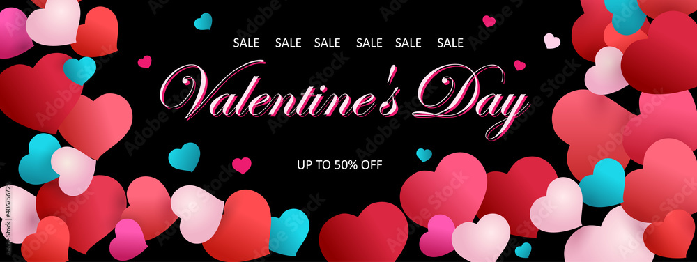 Red Banner sale in Valentines day. Red, blue and pink hearts and text Sale Valentines day on black background. Vector illustration.