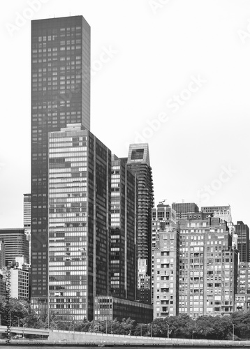 Black and white picture of New York City East River waterfront, US. © MaciejBledowski