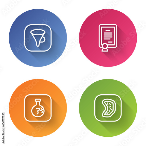 Set line Funnel or filter, Certificate template, Cracked flask and Bacteria. Color circle button. Vector.