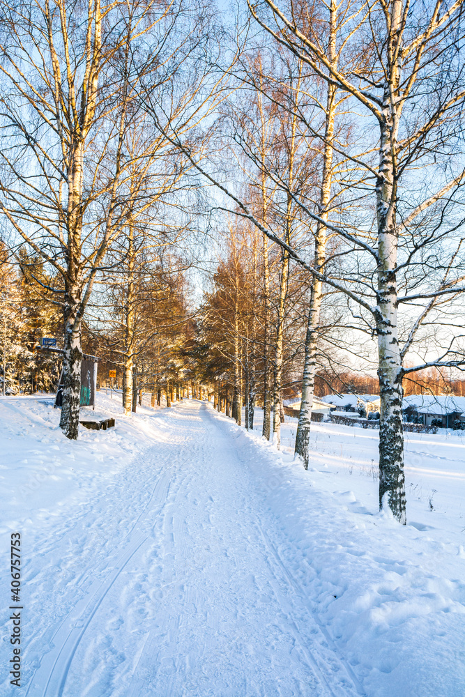 Winter view of the pedestrian road, Tammisaarentie, Karjaa, Raseborg, Finland