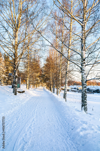 Winter view of the pedestrian road, Tammisaarentie, Karjaa, Raseborg, Finland © hivaka