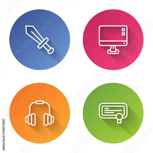 Set line Sword for game, Computer monitor screen, Headphones and Certificate template. Color circle button. Vector.