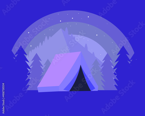 camp in the night under starlight nearby mountain minimal 