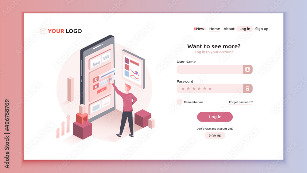 Vector illustration of showing how a user tries to fulfill a login form.Interactive design of login form template. Landing page mockup.Neutral themes and colors.