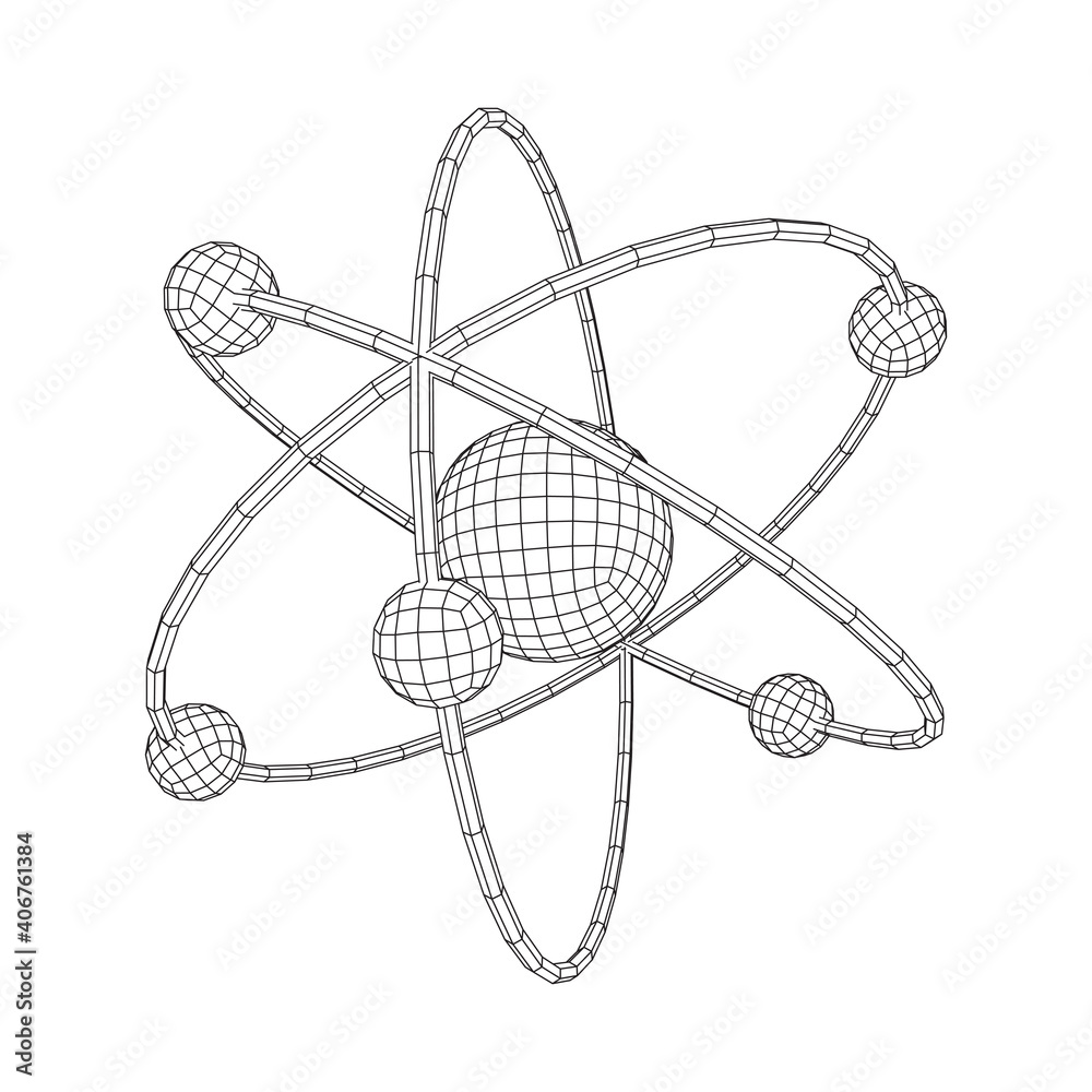 Planetary model of atom with nucleus and electrons spining on orbits. Nuclear nano technology. Wireframe low poly mesh vector illustration.