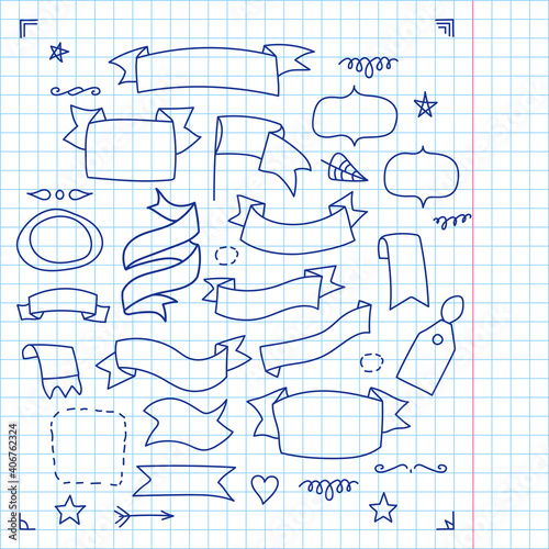 Big set of 38 different doodle elements like 29 Frame labels for the text, 4 different decoration for angles plus a plaid common pattern for a notebook. Perfect suits for banners, speech bubbles.