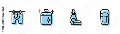 Set line Dishwashing liquid bottle, Drying clothes, Clean cooking pot and Bucket with rag icon. Vector.