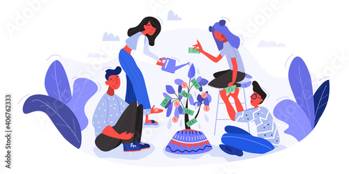 Concept Art vector illustration. A family watering and raising a money tree together. The image decorated with leaves, clouds and has a very modern and trendy look. For banners, websites.