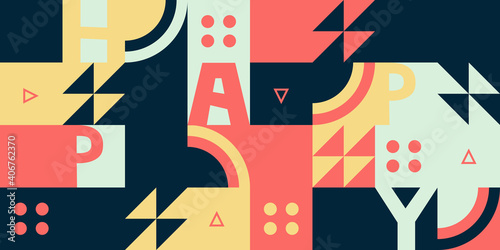 Trendy and retro colorful geometric shapes. Abstract pattern, rounded shapes, sharp angles, contrasting colors. Hidden 