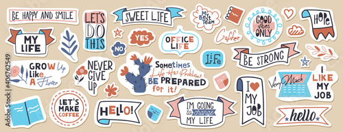 Big set of motivational phrases, quotes, and stickers. 33 objects. Handwritten words for every design production.
