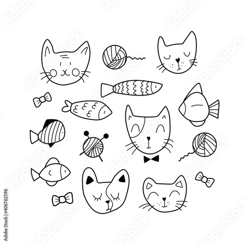 The cute set of animal faces includes 15 elements, like decorative knitting, fish, and cats' happy and sad faces for stickers. It's a modern and clean look. Line up style, doodle, vector illustration.