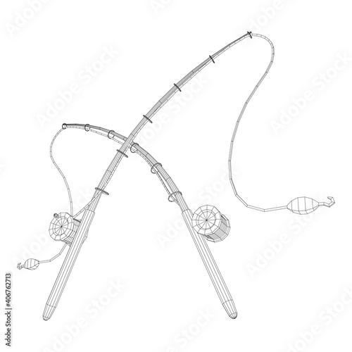 Fishing rod with line sinker and hook. Wireframe low poly mesh vector illustration.