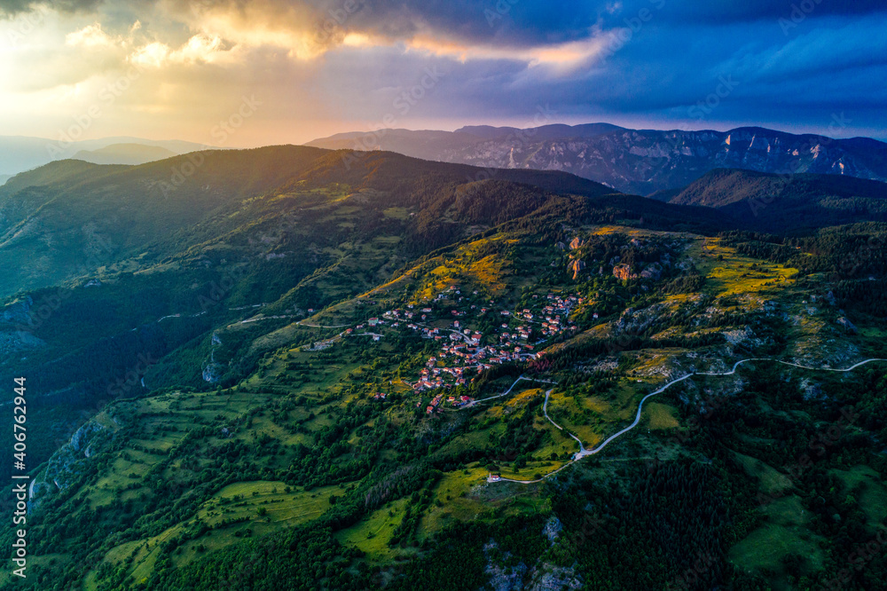 sunset over the village Borovo in mountains Bulgaria sunset over the village Borovo in mountains Bulgaria
