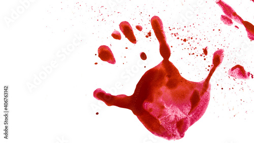 Red watercolor print of human hands on a white background.