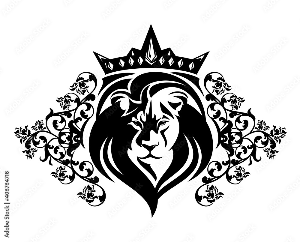 african lion king wearing royal crown among rose flowers heraldic decor