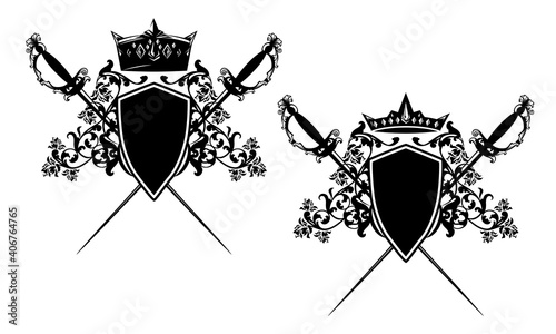 crossed epee swords and royal crown with heraldic shield among rose flowers - vintage style security concept black and white vector design