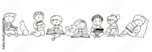 coloring book, children reading books. large set of isolated objects in the style of black and white sketch, lineart, doodle, vector illustration
