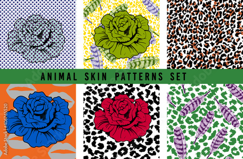 set of vector illustrations with floral patterns and animal print backgrounds