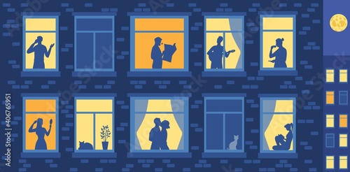 Human silhouettes in the evening windows. Cartoon characters spending time in their apartments, dancing, hugging, reading, playing musical instruments. Flat cartoon vector illustration.