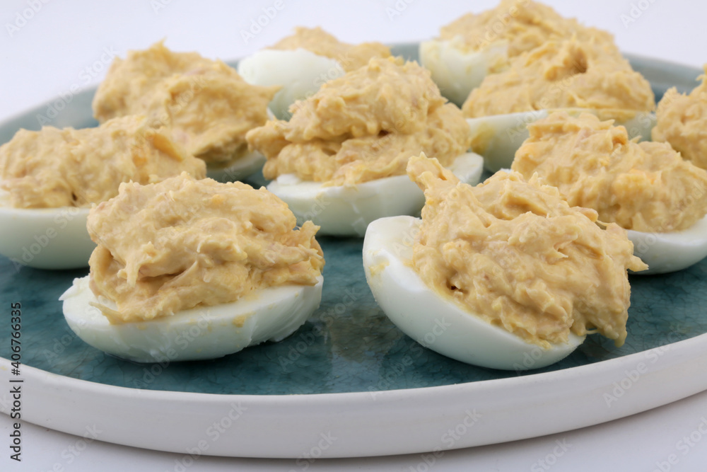 stuffed eggs with tuna and mayonaisse sauce as snack food stuffed eggs with tuna and mayonaisse sauce as snack food