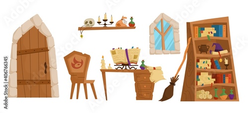 Magic school concept. Classroom interior with open spell book and paper scroll, burning candles, witches broom and potion jars. Bookcase with magic books and flasks. Flat cartoon vector illustration